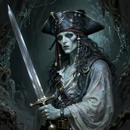 photo of a ghostly pirate, head and torso, in a grotto, holding a sword, intricate, elegant, highly detailed, lovecraft, digital painting, artstation, concept art, smooth, sharp focus uhd 8 k, dark, atmospheric, paul carrick