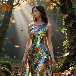 portrait of a woman wearing a dress of stained glass , autumn leaves falling, dramatic volumetric lighting, god rays, global illumination, soft, sharp focus, sci-fi, ivy, moss, trending on artstation, intricate concept art by Ruan Jia and Mel Milton