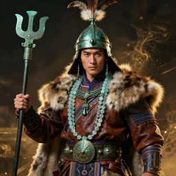 beautiful portrait depicted an tai ethnic group warlord, pretty male face, clothed with an glass canelian agate beads, dongson bronze artifacts, leather, elegant and rich cloth made of fur and leather. he wears on head a helmet made of bronze, feathers, hold a dongson dragger. by daniel f. gerhartz and artgerm and greg rutkowski. dark fantasy art, energetic mood, golden ratio composition, dynamic lighting, trending on artstation, poster, volumetric lighting, 4 k