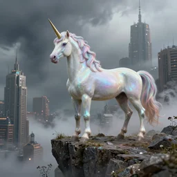 a iridescent unicorn on a cliff overlooking a dystopian city covered in toxic smog, ultra realistic, concept art, intricate details, highly detailed, photorealistic, octane render, 8 k, fantasy art