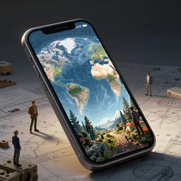 a mobile phone with a world popping half out of the mobile screen in 4 d, blueprint, 4 d, detailed and intricate 4 5 degree isometric cross john berkey and vincent di fate and ralph mcquarrie