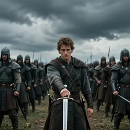 wide shot of a man in his twenties with brown hair and hazel eyes eyes standing with his sword drawn before an approaching army, with generic warriors around him, dark clouds, cinematic shot
