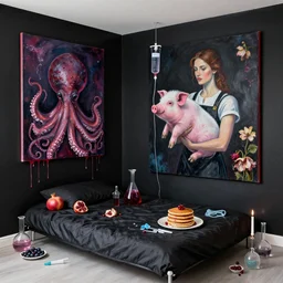 black hotel room with black walls and a futon, berry juice, dripping, a sensual portrait of a female sommelier holding a piglet, octopus, intravenous drip, wilted flowers, pomegranate, pancakes, berries, surgical supplies, scientific glassware, candles, neo - expressionism, surrealism, acrylic and spray paint and oilstick on canvas
