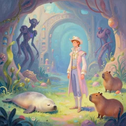 beautiful digital fantasy illustration of a Prince in pastel!!!, whimsical acrylic modern pop surrealism, Even Giger-y dark overlords living in the ruins of an ancient system of tunnels and caves like to be comfy every once in a while!, A seal sleeping peacefully in a kelp forest, magic the gathering lands art!!, capybara cowboys, highly detailed, soft lighting, rendered in octane, masterpiece, very very very aesthetic