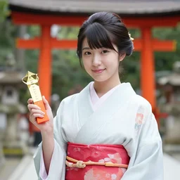 photo of a japanese shrine maiden, young beautiful woman, award winning photo, stunning scenery, high definition, 8 k, dynamic lighting
