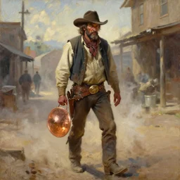 oil painting of old rugged cowboy in wild west street setting, art by anders zorn, wonderful masterpiece by greg rutkowski, beautiful cinematic light, american romanticism by greg manchess, reflections in copper, sunlight, dust and steam