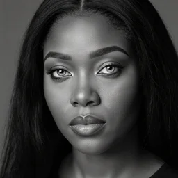 realistic black and white closeup photograph of a Nigerian woman with long black hair and silver eyes immersed in deep thought and introspection