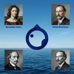 Alcina Dimitrescu levitating over the sea. El Greco, Remedios Varo, Salvador Dali, Carl Gustav Carus, John Atkinson Grimshaw. Blue tint. Symetrical, logo, geometric shapes.