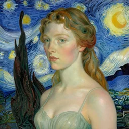 Divine Chaos Engine by Karol Bak, Jean Delville, and Vincent Van Gogh, feminine, in the style of William Blake and Van Gogh
