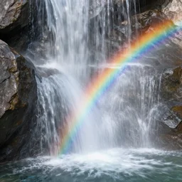 artdeco waterfall cascading onto rocks, small rainbow emerging in background, ethereal, beautiful scenery,
