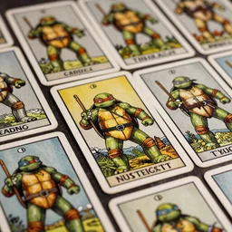The full set of tarot cards in the style of ninja turtles, hyperrealistic, highly detailed, depth of field, High definition, 8k,  octane render, artstation