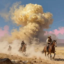 dust storm in the old west, sharp focus, intricate, elegant, digital painting, artstation, matte, highly detailed, concept art, illustration, volumetric lighting, gold and blue and pink color scheme, bokeh light, art by greg olsen and liz lemon swindle