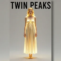 Twin Peaks comic book cover movie poster artwork by Tomer Hanuka Rendering of a golden glowing woman in a nightgown standing in a lake at night illuminated by moonlight, full of details, by Makoto Shinkai and thomas kinkade, Matte painting, trending on artstation and unreal engine