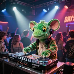 A DJ platypus in a nightclub, underground magazine, indie culture, bright lights, crowded
