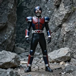 High Fantasy Kamen Rider standing in a rock quarry, single character full body, 4k, glowing eyes in helmet, rock quarry location, daytime, black rubber suit, pvc armor, dark blue with red secondary color armor, biomechanical, ultra realistic, moody colors, octane render, Beautiful Cinematography