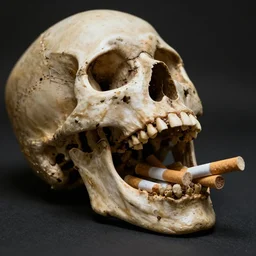 human skull laying on its back with mouth open filled with cigarette butts