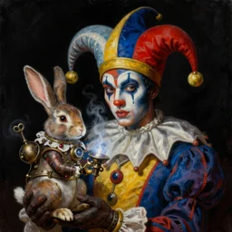 a close - up portrait painting of a dark colorful jester wizard holding steampunk rabbit. magic. foggy atmosphere, black background. highly detailed science - fiction painting by norman rockwell, moebius, frank frazetta, and syd mead. rich colors, high contrast. artstation