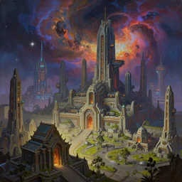 a protoss cityscape with advanced technology, inspired by the game starcraft, making use of colourful nebulae and starlight, with a futuristic city in the background and a temple in the foreground. the art style is a mix between paintings by simon stalenhag and scott wills.