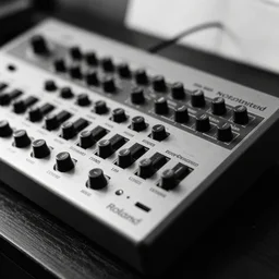 roland tr - 9 0 9 drum machine, photograph, black and white, footage, film