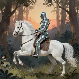 a knight wearing armor of glass and thorns that rides a white unicorn into a forest clearing, by greg rutkowski, illustration, radiant evening light, awe inspiring