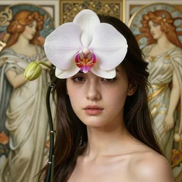 beautiful orchid goddess by zdzisław beksinski, iris van herpen, jean delville, jeffrey smith, and alphonse mucha, detailed realistic beautiful portrait, shallow depth of field beautifully lit octane render