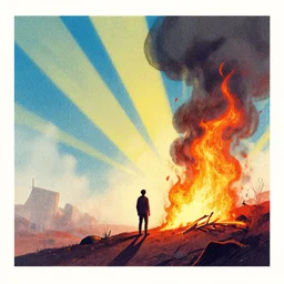 perspective editorial illustration of a lone man standing in habitat 6 7, ( ( dot shaded ) ), burning on fire, modern, karolis strautniekas, ilya kuvshinovs halftone texture, detailed, matte print, risograph, smoke, sunbeams, fog, victo ngai, colorful