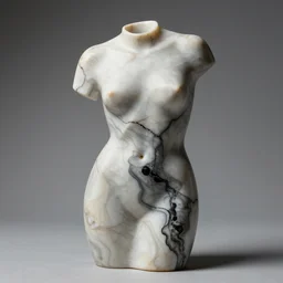 abstract light matte marbled statue, dark glossy quartz veins, strong studio light, made in greek, high quality