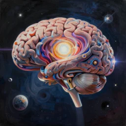 an awe - inspiring digital art painting of the cosmos inside and around the brain, mashup digital art in the styles of beeple and jean giraud, conceptual, abstract geometrical shapes, rendered in unreal engine, lens flare