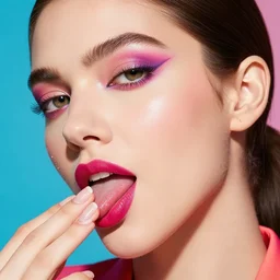 a colorful vibrant closeup portrait of a glam high fashion model licking a tab of lsd acid on his tongue and dreaming psychedelic hallucinations, by kawase hasui, moebius, edward hopper and james gilleard, zdzislaw beksinski, steven outram colorful flat surreal design, hd, 8 k, artstation