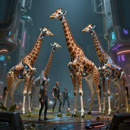 intricate detailed photo environement with cybernetic giraffe : 4, 4 k rtx hdr volume light concept studio matte painting environement digital illustration style cyberpunk 2 0 7 7, artstation artur tarnowski, mihai muscan, marcin tomalak, marta leydy, marcin stepien, charlotte hughes, zuzanna dabrowa neon bioluminis