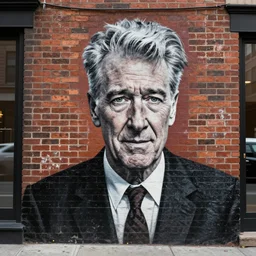 Emotional pictures of David Lynch sprayed on New York street brick walls in the style of WEEGEE , 8k, photorealistic imagery, trending on artstation, artstationHQ, artstationHD