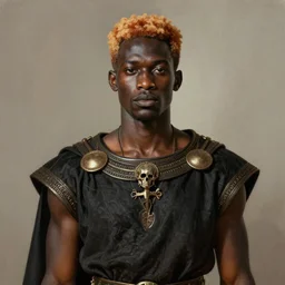 a professionally painted african male model , clothed in ancient gothic wear, dark skin, reddish gold hair, beautiful bone structure, big symmetrical scar features, stunningly, beautiful, intricate, elegant, digital painting, smooth, sharp focus, illustration, made by Kehinde Wiley, Kara Walker, Jacob Lawrence, Sam Gilliam, Edmonia Lewis,