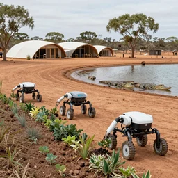 tripedal robots harvesting a permaculture food forest in the australian desert, near an earthship village, next to a billabong, with crocodiles, XF IQ4, 150MP, 50mm, F1.4, ISO 200, 1/160s, natural light