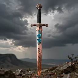 copper sword with cyan roses and black runes on the blade, a large beautiful black hilt