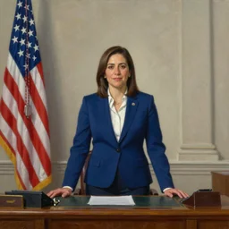 portrait of the united states president, alexandria ocasio - cortez, standing at the resolute desk, 2 0 2 4, painting, oil on canvas by william sidney mount, trending on artstation, national archives