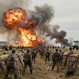 american civil war trench battle, huge explosions everywhere, clouds of smoke, in the style of jean - francois millet