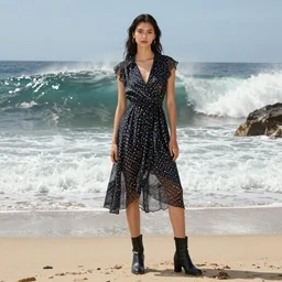fashion editorial in front of tsunami, on the beach.