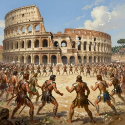 a historical depiction of an epic scene at the roman coliseum filled with dueling gladiators, in the style of greg rutkowski and remedios varo, digital painting, unreal engine, extremely detailed masterpiece