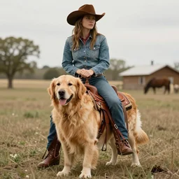 cowboy riding a giant golden retriever
