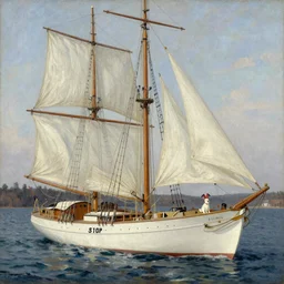 A beautiful 40 feet Swedish sailboat from the 1950s in The Swedish archipelago. Pocky the dog is guarding on deck, renaissance oil painting on canvas.