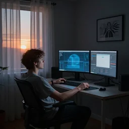 an excited insomniac sitting on his aeron chair at his small ikea desk staring up at a multi-monitor setup at 3AM with the sunrise peeking through the curtain blinds , hyperdetailed, octane , hyper realistic , detailed , interior , hyperfocal 8k , in the style of Gregory Crewdson