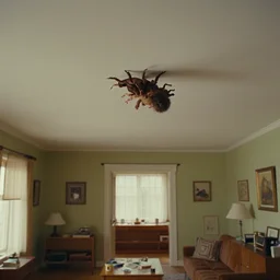 a strange creature crawls on the living room ceiling, film still from the movie directed by Wes Anderson with art direction by Zdzisław Beksiński, wide lens