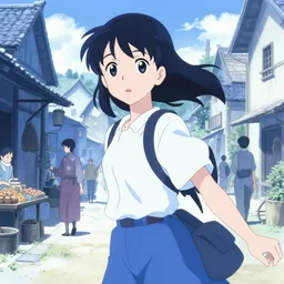 anime visual, portrait of a young female traveler in a busy medieval village exterior shopping, blue tints, cute face by yoh yoshinari, ilya kuvshinov, makoto shinkai, dynamic pose, dynamic perspective, flat mucha shading, rounded eyes, crisp smooth clean lines, strong silhouette