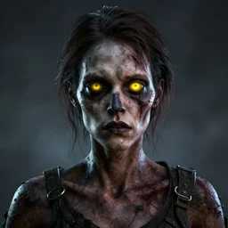 high-quality centered portrait of an undead female zombie with a short thick nose and face warpaint, rough dark dirty skin showing the thin veins underneath, glowing slanted upturned yellow eyes::Octane render, trending on artstation, featured on behance, unreal engine::dramatic lighting, volumetric lighting, Global Illumination::art by James Christensen and Artgerm and Sophie Anderson and Eddie Mendoza