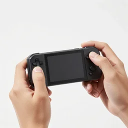 product photography of hand held video game device, macro lens, product photography, studio light, prism highlights