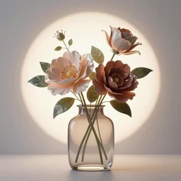 a sqaure vase, glossy big flowers, modern studio light soft colour, backlight leaves