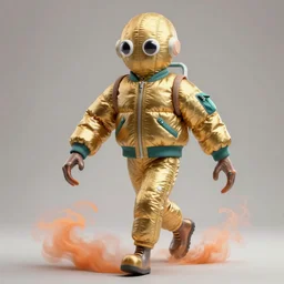 a single striding slender figurine of a tall giant inflated hazmat squid wearing over sized gold teal puffy bomber jacket, long bendy arms and legs, googly eyes, tareme eyes, small head, personification, dynamic pose, detailed product photo, tone mapped, beautiful composition, orange mist swirling at feet, 8 5 mm, f 5. 8