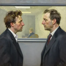 portrait of two men talking highly detailed oil painting by francis bacon, edward hopper, adrian ghenie, glenn brown, soft light, 4 k,