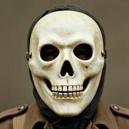 person wearing death mask, ww1 photo, grainy, high detail, high resolution, tehnicolor