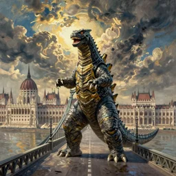 kaiju attack in budapest, chain bridge painting, greg rutkowski detailed, rule of thirds, cinematic